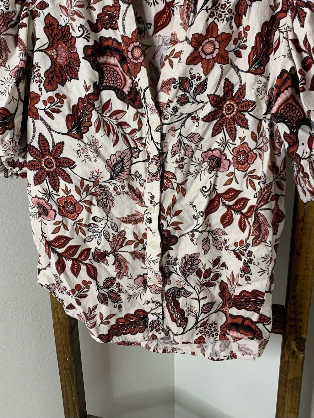 Joie Linen Blend Floral Button-Front Puff Sleeve Top Size S
